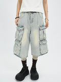 Men's Plus Size Washed Multi-Pocket Cargo Capris Jeans
