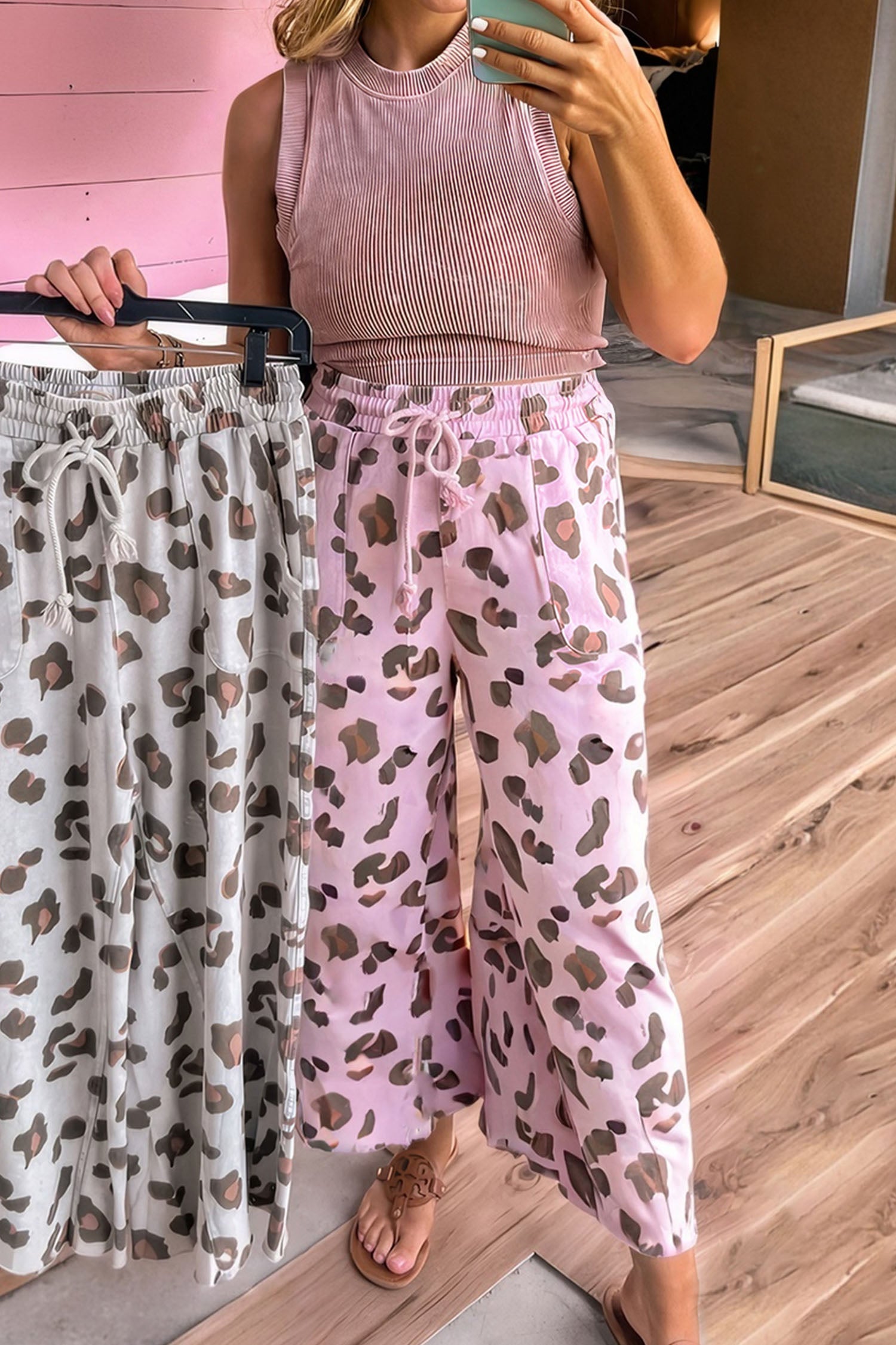 Pink Drawstring Leopard Print Patch Pocket Loose Pants