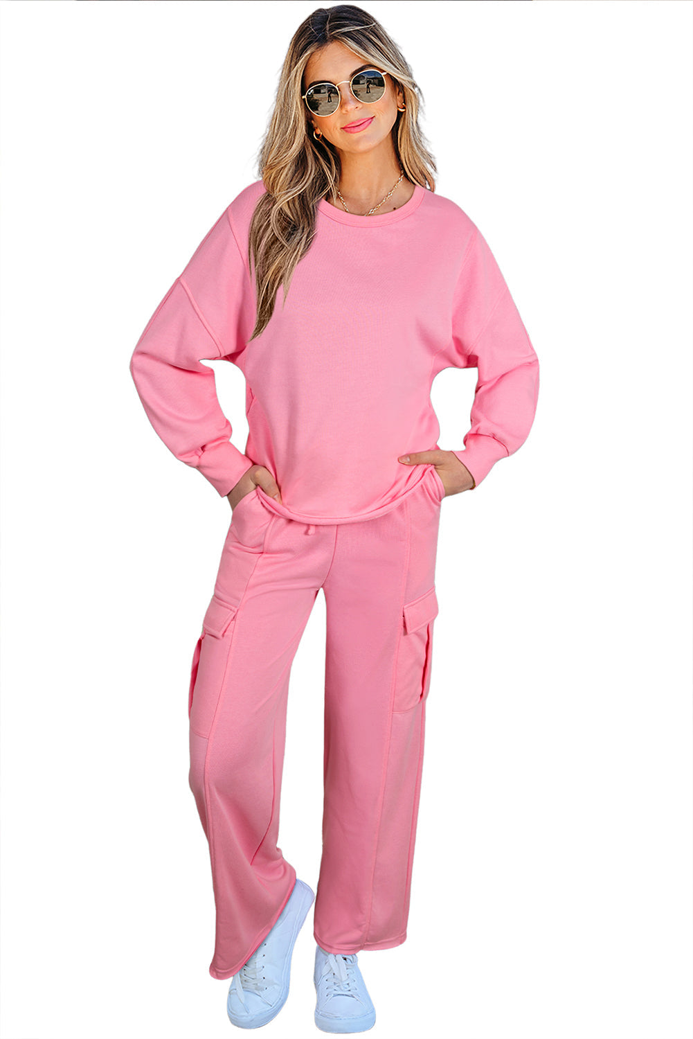 Sachet Pink Solid Color Patchwork Pullover Top and Cargo Pants Set