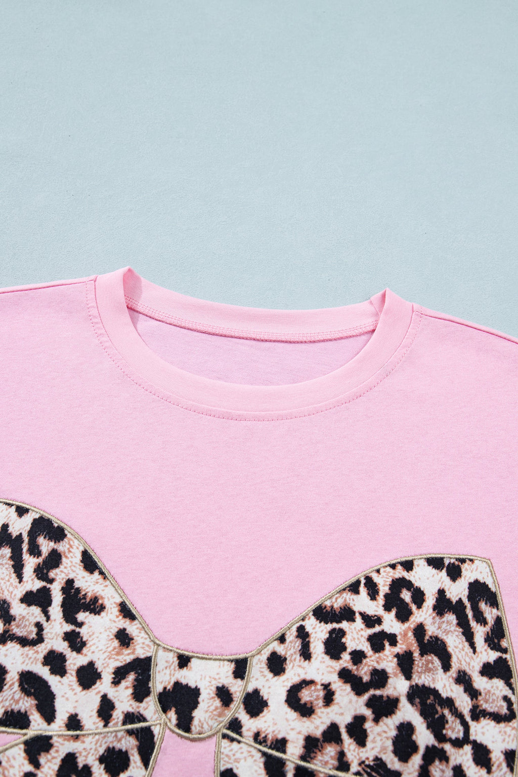 Pink Leopard Bow Embroidered Cotton Round Neck T Shirt