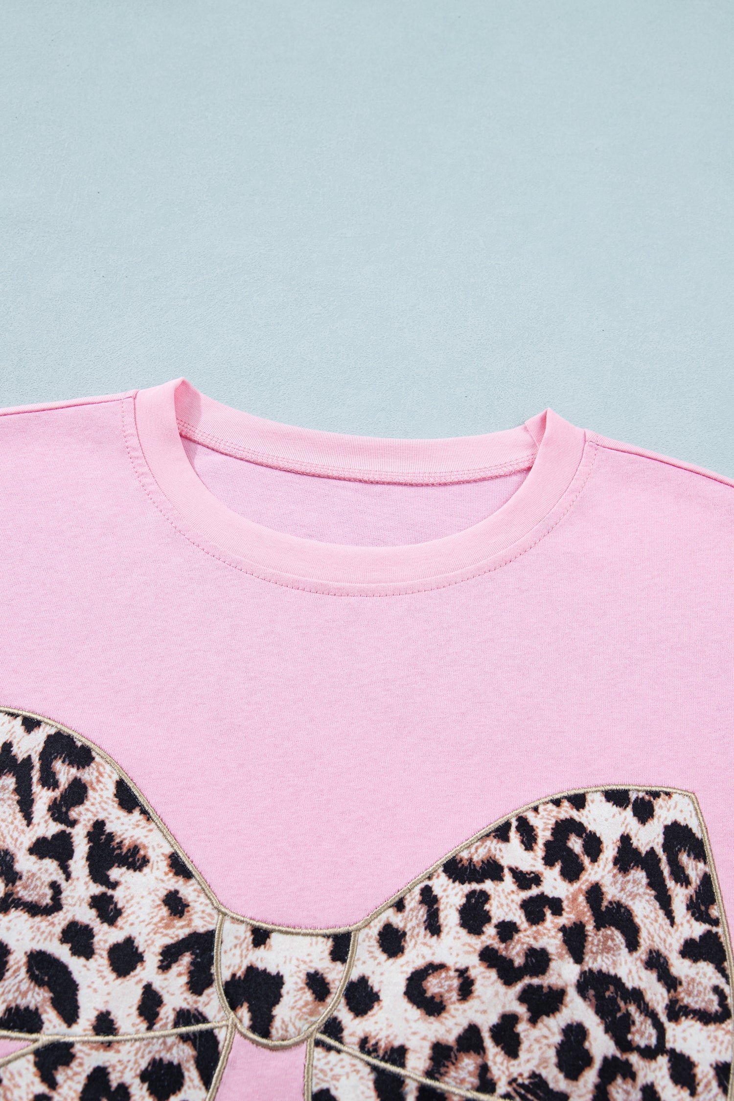 Pink Leopard Bow Embroidered Cotton Round Neck T Shirt