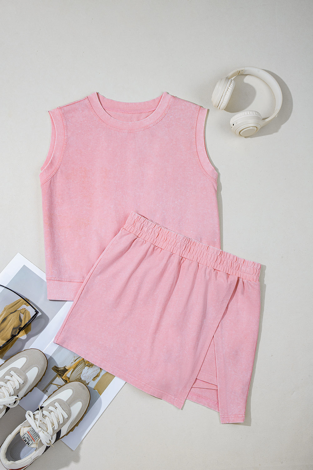 Mint Green Mineral Wash Sleeveless Top and Split Skort Set