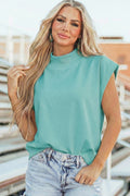 Mint Green Solid Color High Neck Cap Sleeve Loose Top