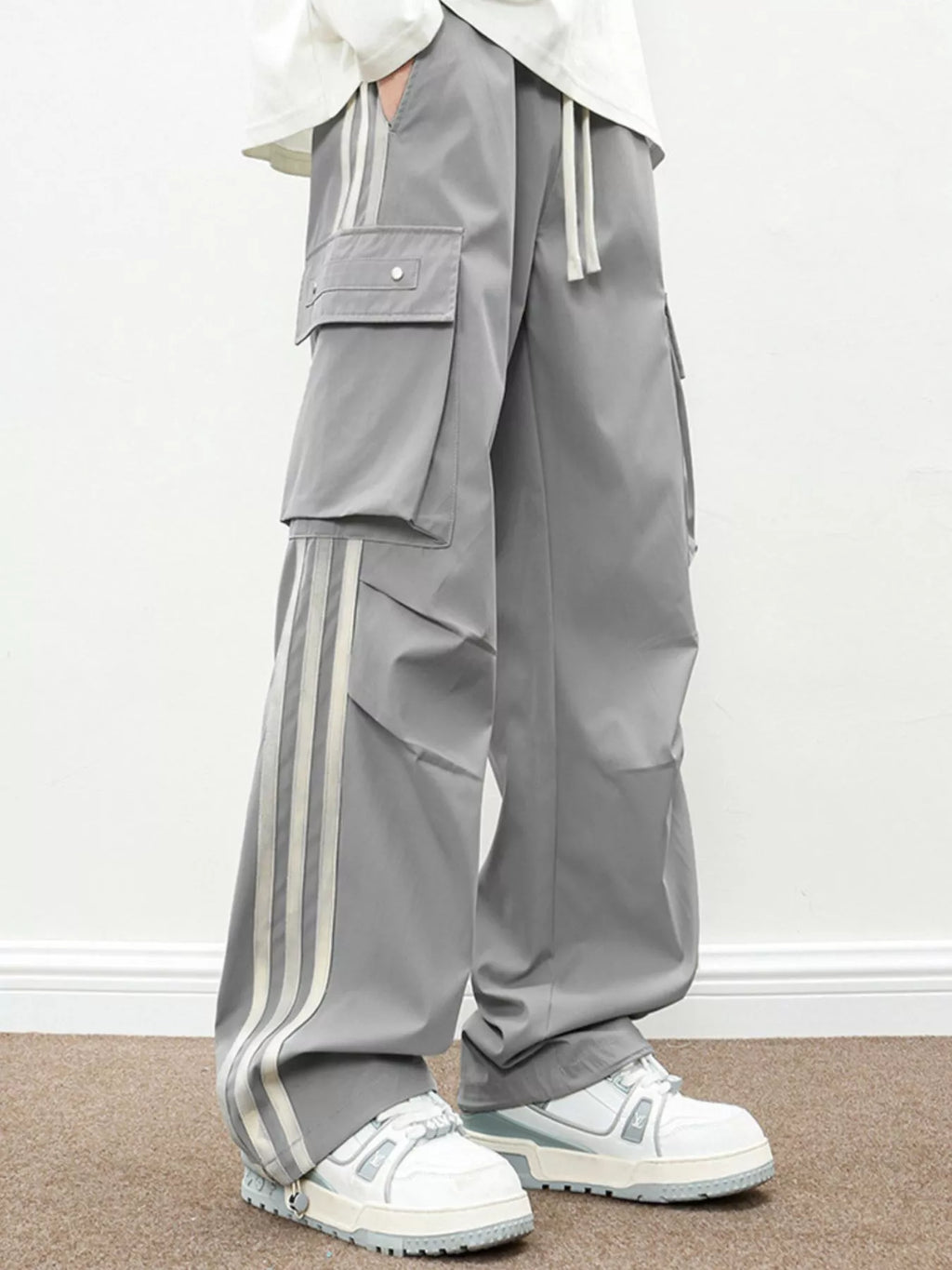 Men's Plus Size Casual Loose Cargo Pants with Side Stripes