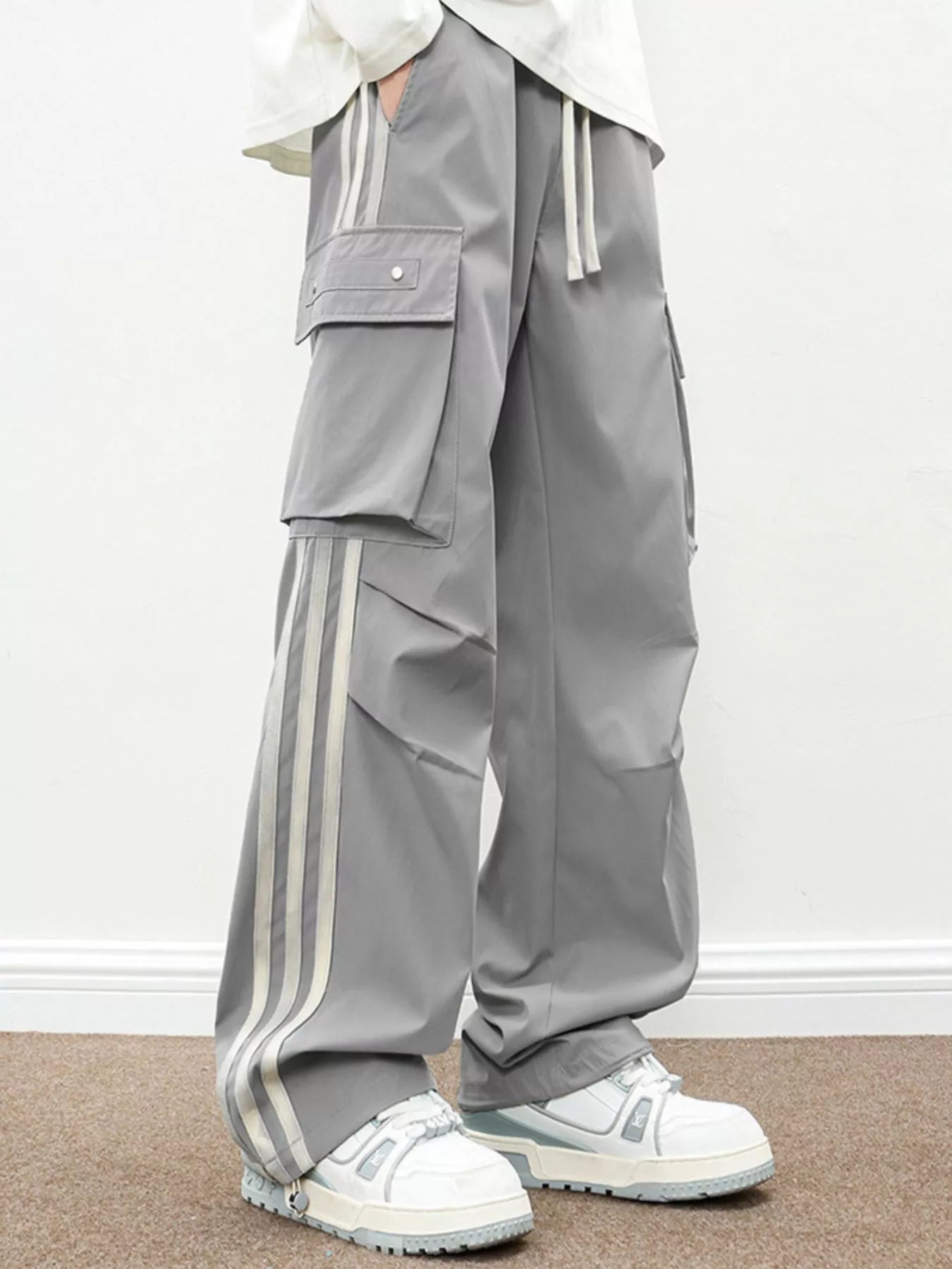 Men's Plus Size Casual Loose Cargo Pants with Side Stripes