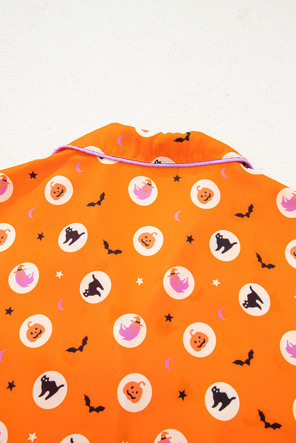 Orange Halloween Print Lapel Shirt Long 2pcs Pajama Set