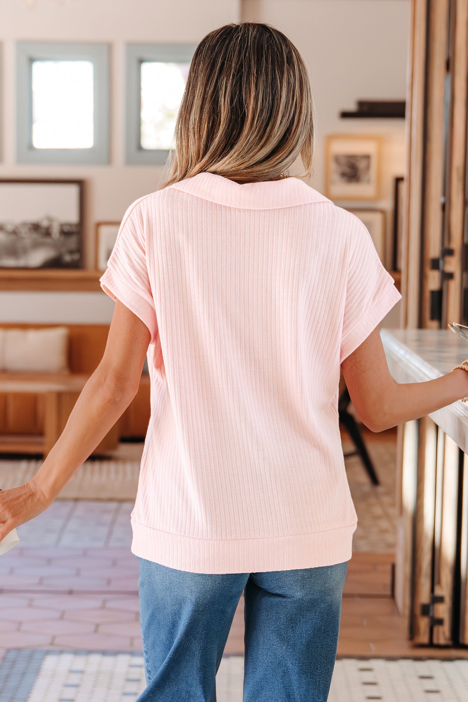 Light Pink Collared V Neck Ribbed Tee