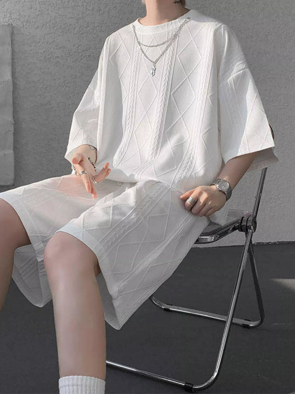 Men's Plus Size Textured Relaxed Fit Top and Shorts Set