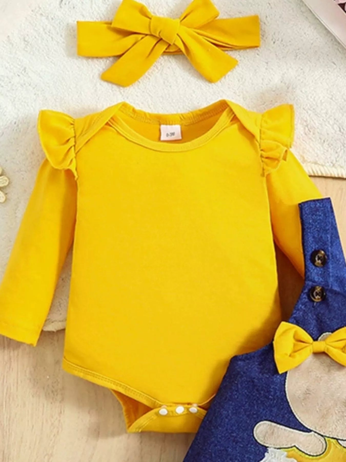 Children's Ruffled Bodysuit and Overall Dress Set with Headband