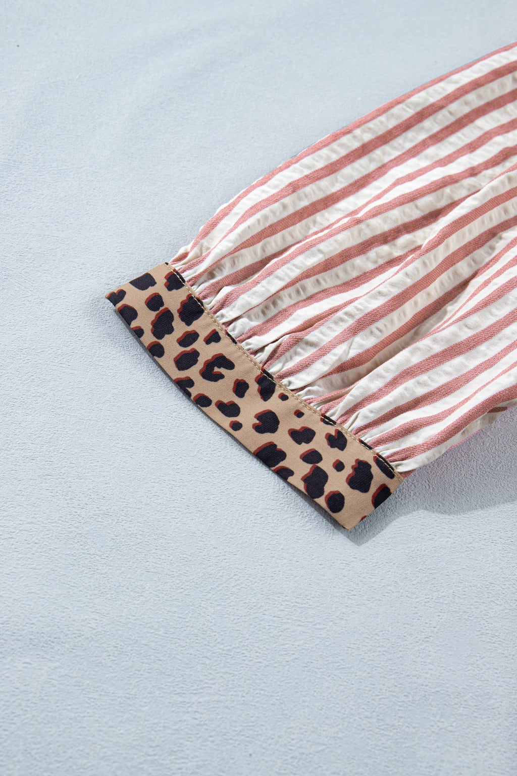 Pink Stripe Leopard Trim V Neck Button Down Half Sleeve Shirt