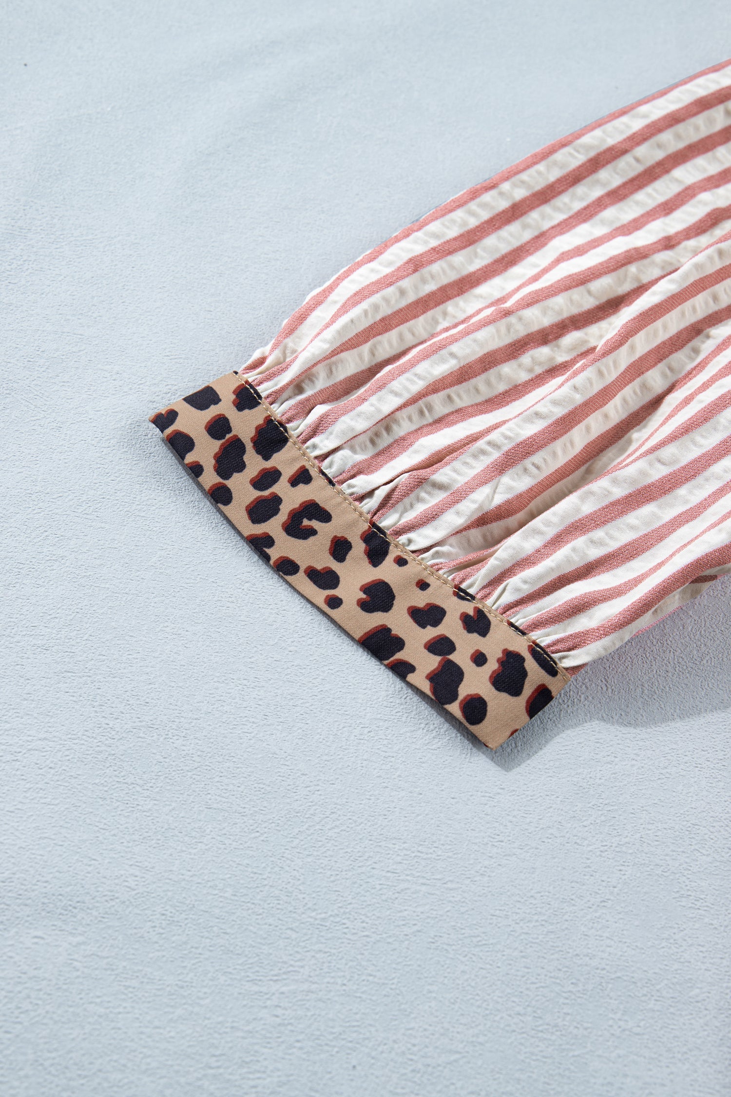 Pink Stripe Leopard Trim V Neck Button Down Half Sleeve Shirt