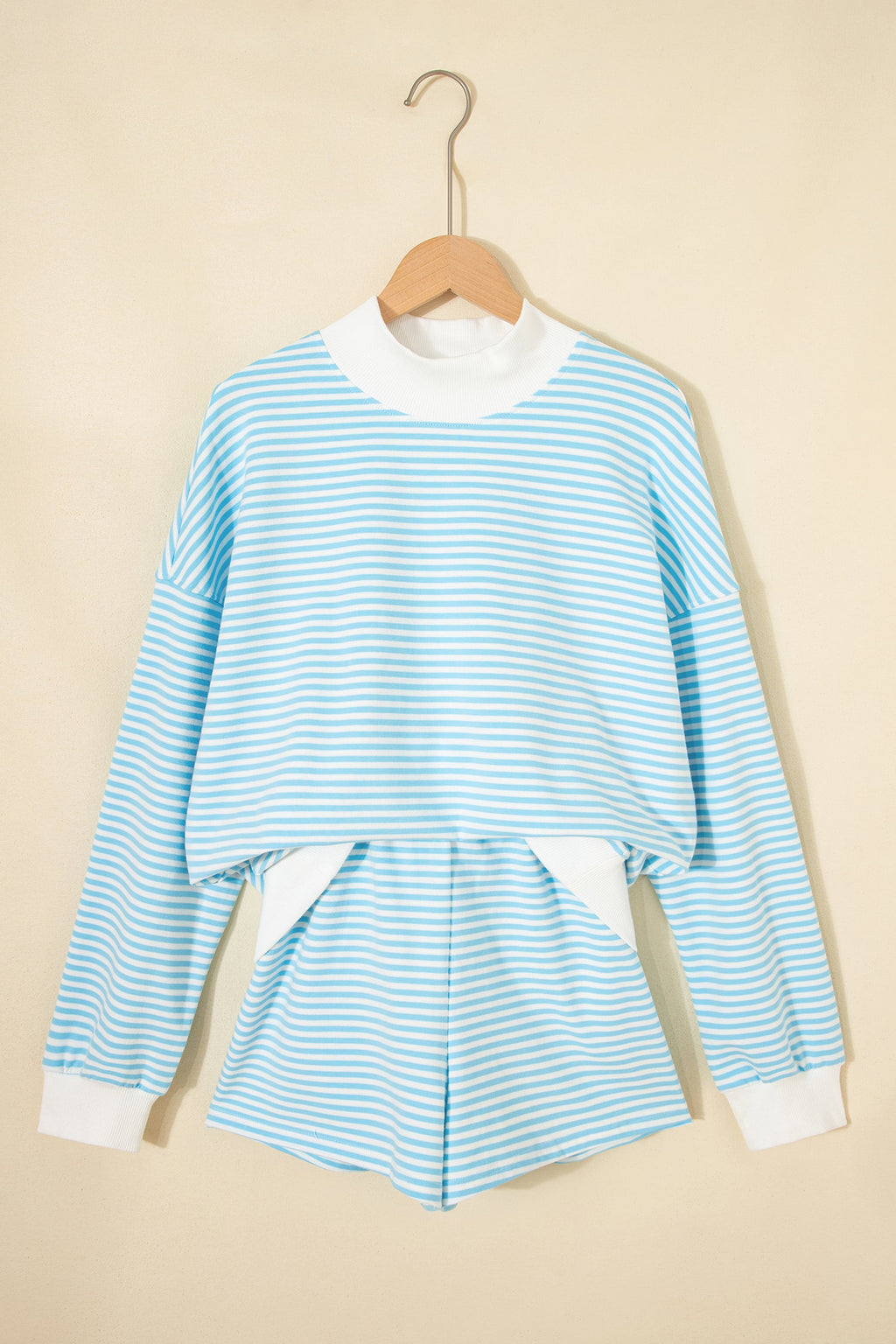 Sky Blue Stripe Oversize Mock Neck Sweatshirt and Shorts Set