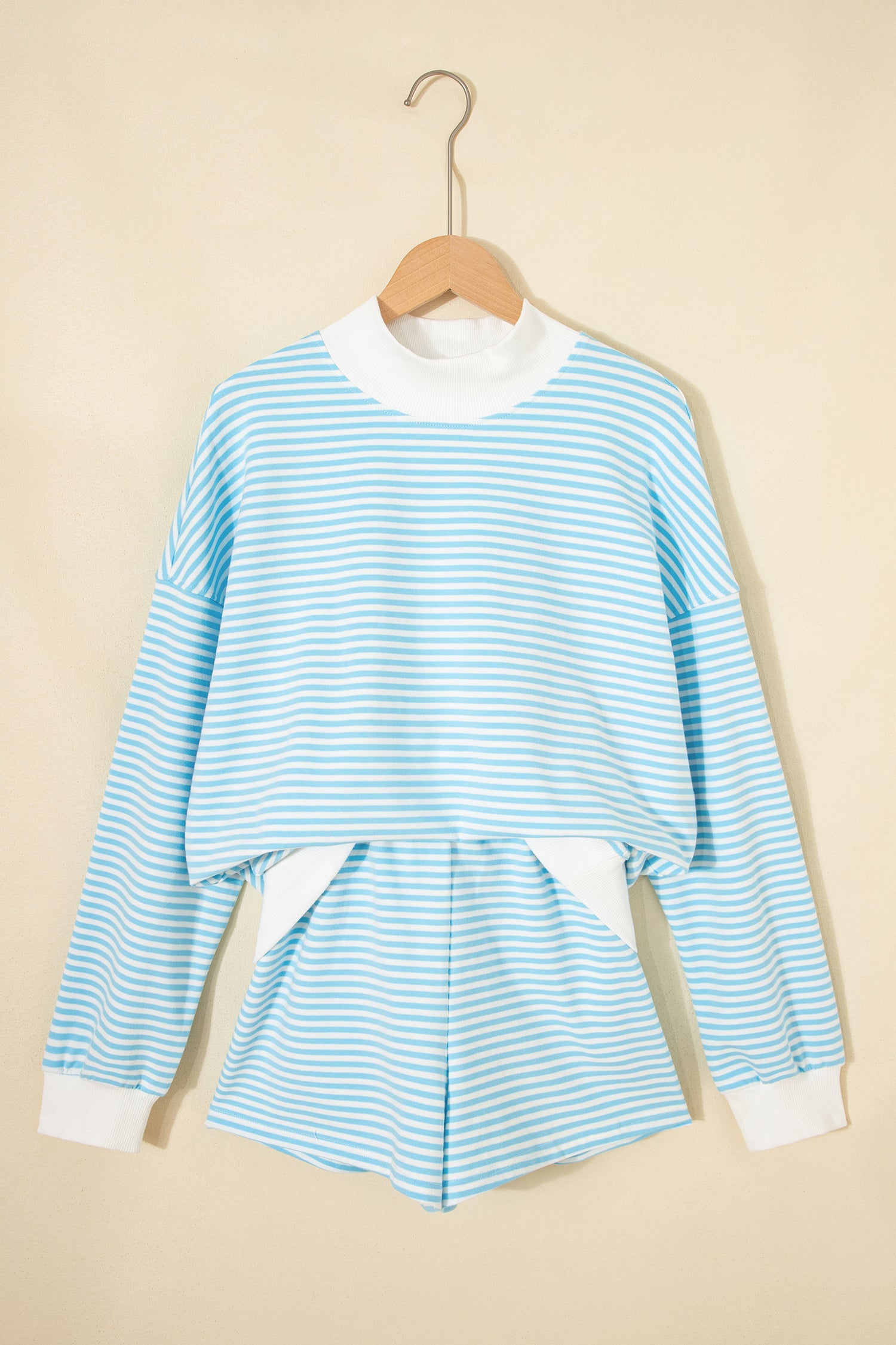 Sky Blue Stripe Oversize Mock Neck Sweatshirt and Shorts Set