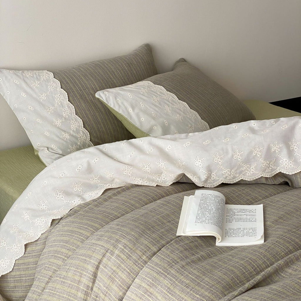 Florence Lace Double Gauze Striped Bedding Set / Green