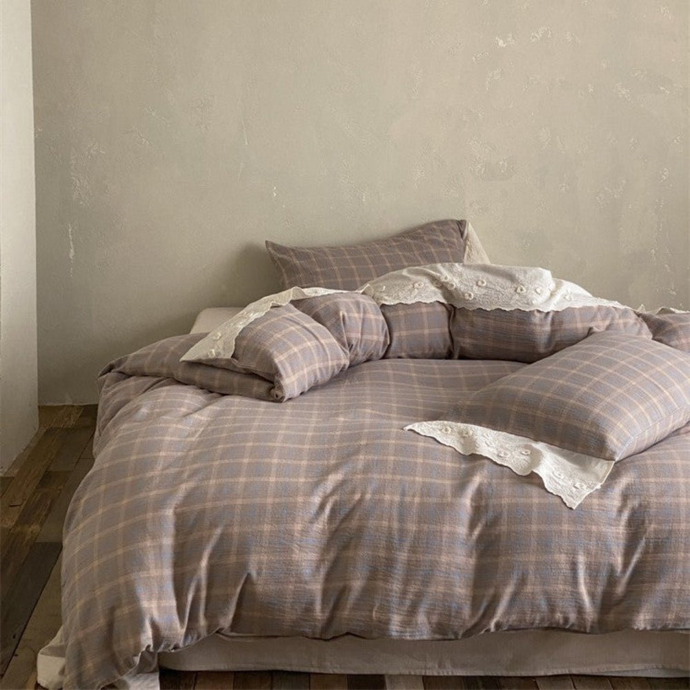 June Lace Double Gauze Gingham Bedding Set / Green