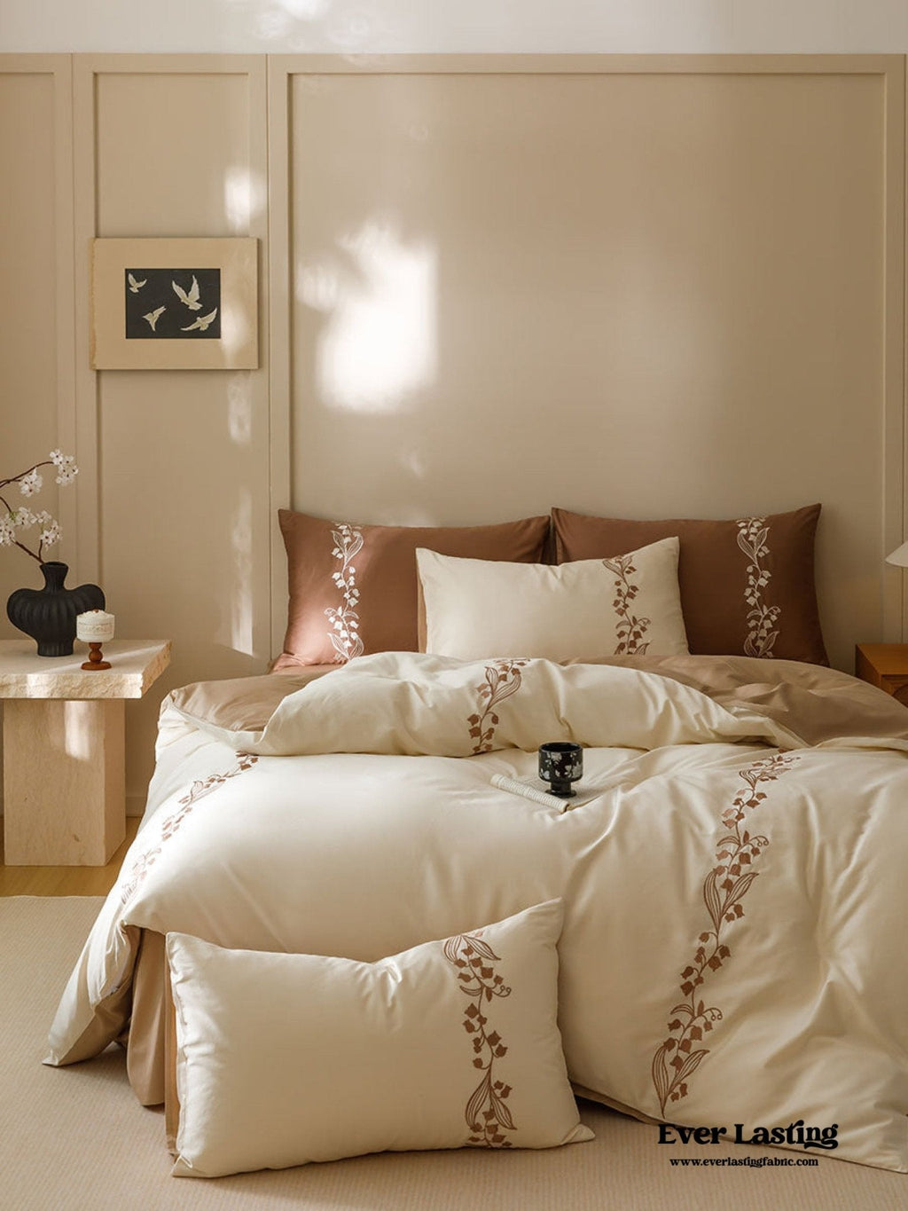 Lily of the Valley Embroidered Silky Bedding Set / Cream