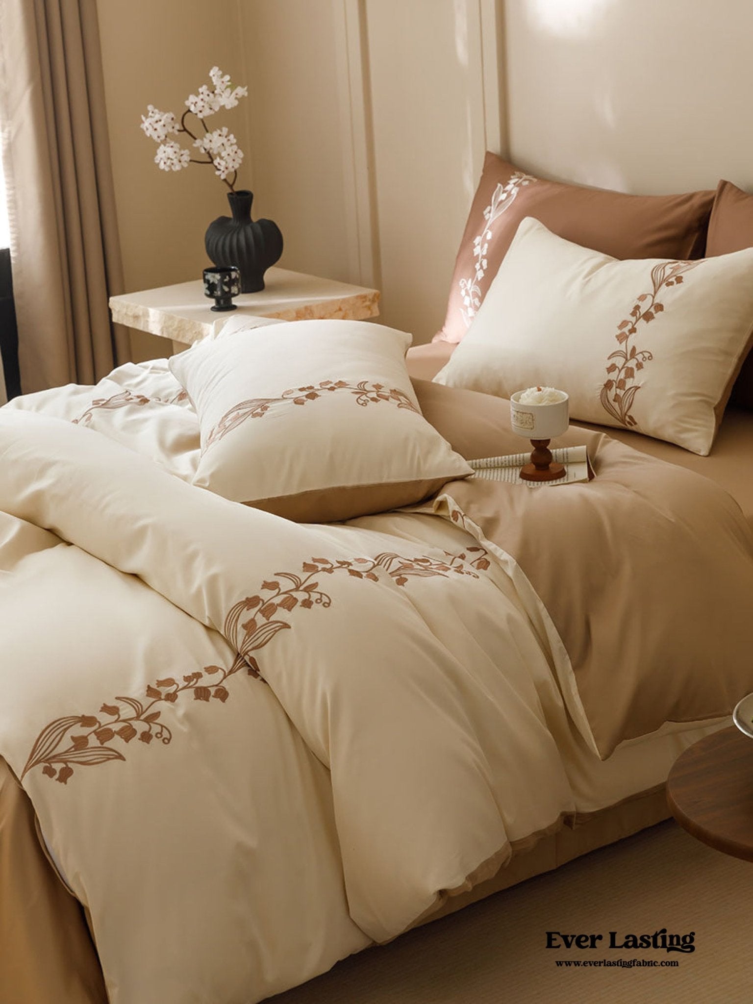 Lily of the Valley Embroidered Silky Bedding Set / Cream