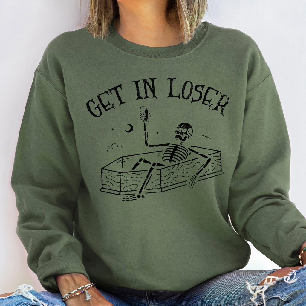 Get In Loser Skeleton Halloween Night Party Edition Cozy Fleece Vintage Gothic Style Sweatshirt