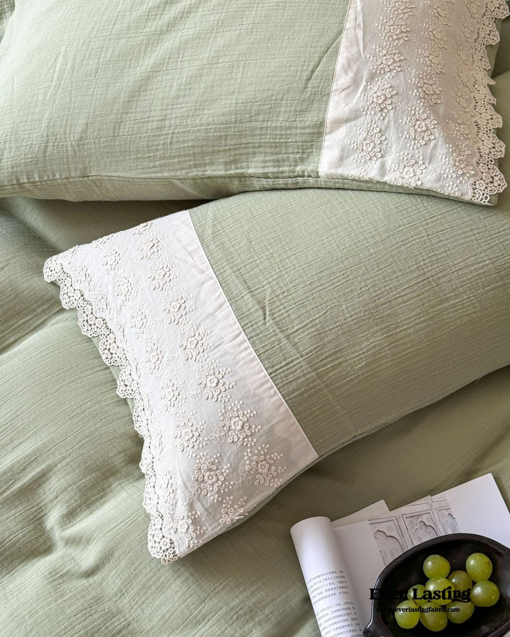 Margaux Lace Double Gauze Bedding Set / Sage Green