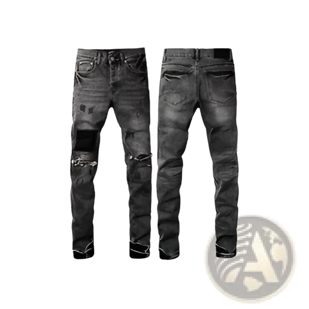 Men's Distressed Slim Fit Patchwork Denim Jeans