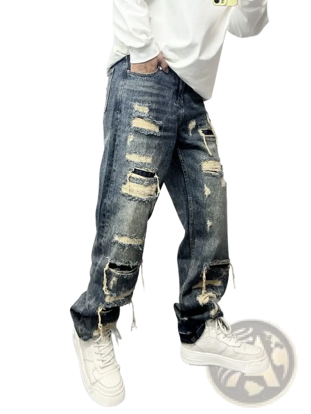 Men's Light Blue Distressed Ripped Patch Denim Jeans