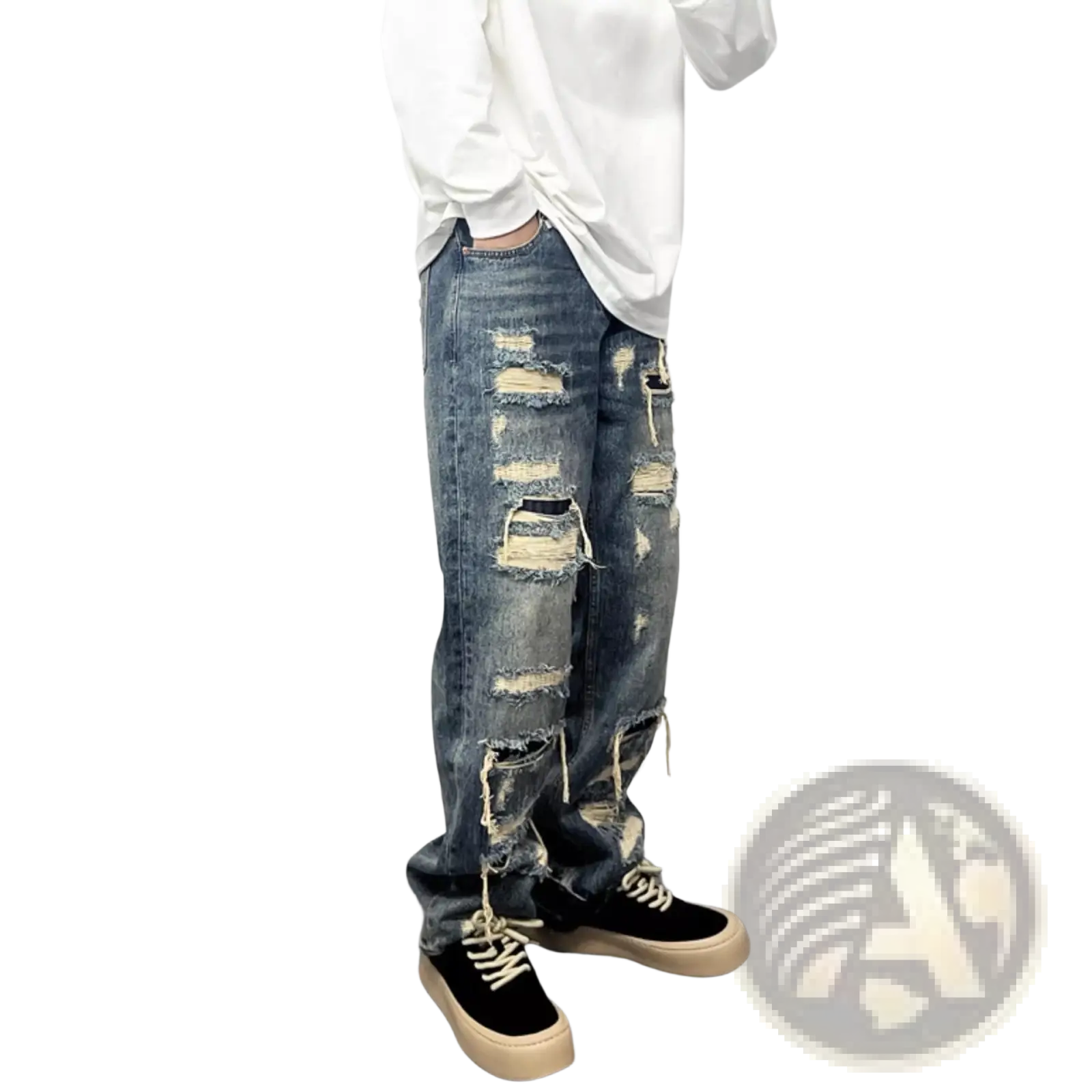 Men's Light Blue Distressed Ripped Patch Denim Jeans