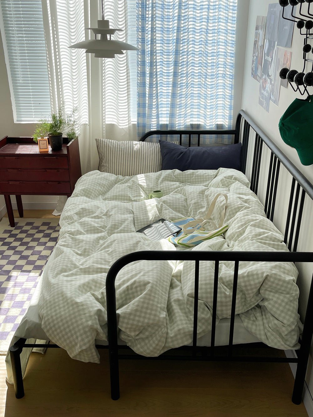 Mixed Gingham Striped Bedding Set / Mint Green