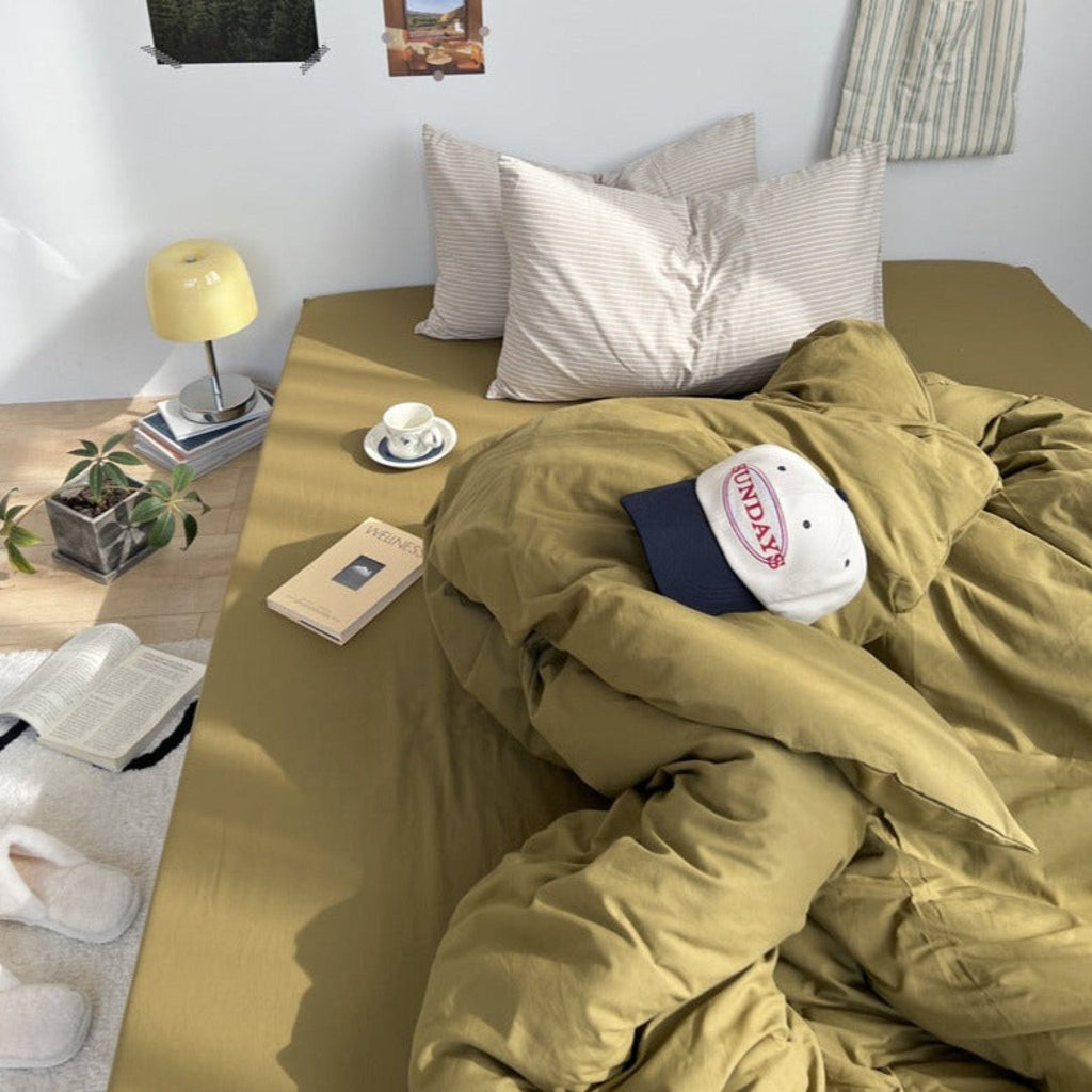 Mixed Stripe Washed Cotton Bedding Set / Olive Green