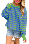 Sky Blue Stripe Trimmed Round Neck Drop Shoulder Loose Sweater