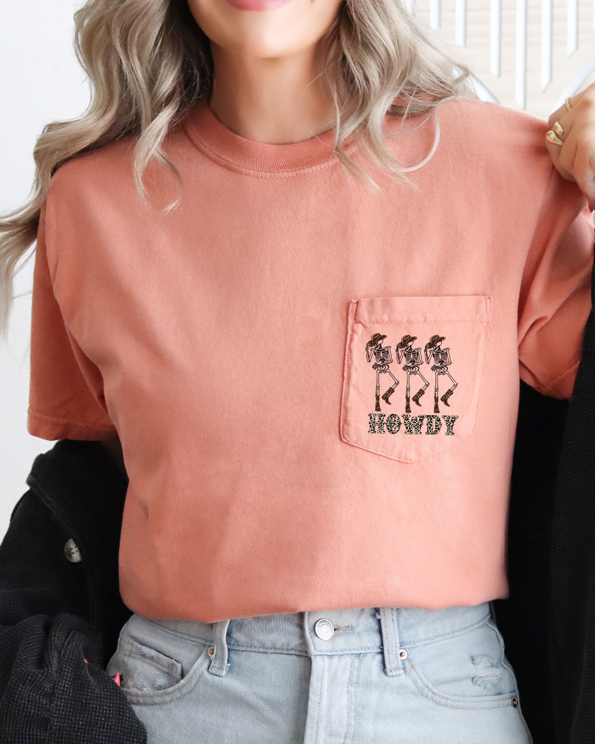 Howdy Cowboy Skeletons Halloween Pocket Western Ghost Edition Vintage Inspired Comfort Colors Tee