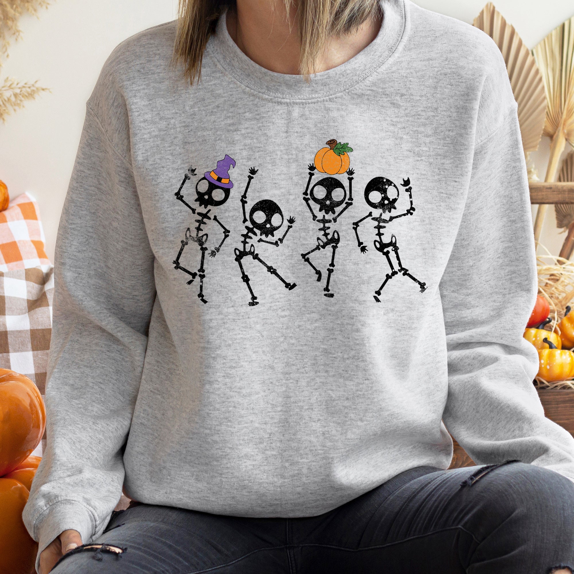Pumpkin Dancing Skeletons Graphic Sweatshirt With Cozy Fleece Lining And Halloween Spirit