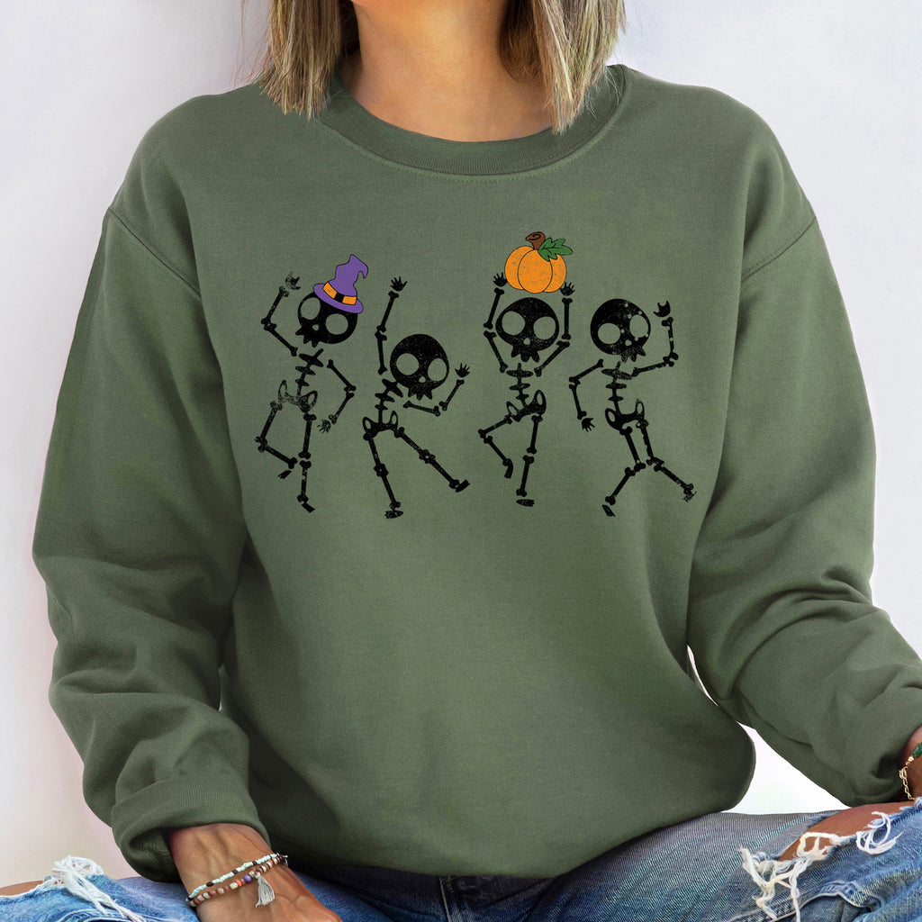 Pumpkin Dancing Skeletons Graphic Sweatshirt With Cozy Fleece Lining And Halloween Spirit