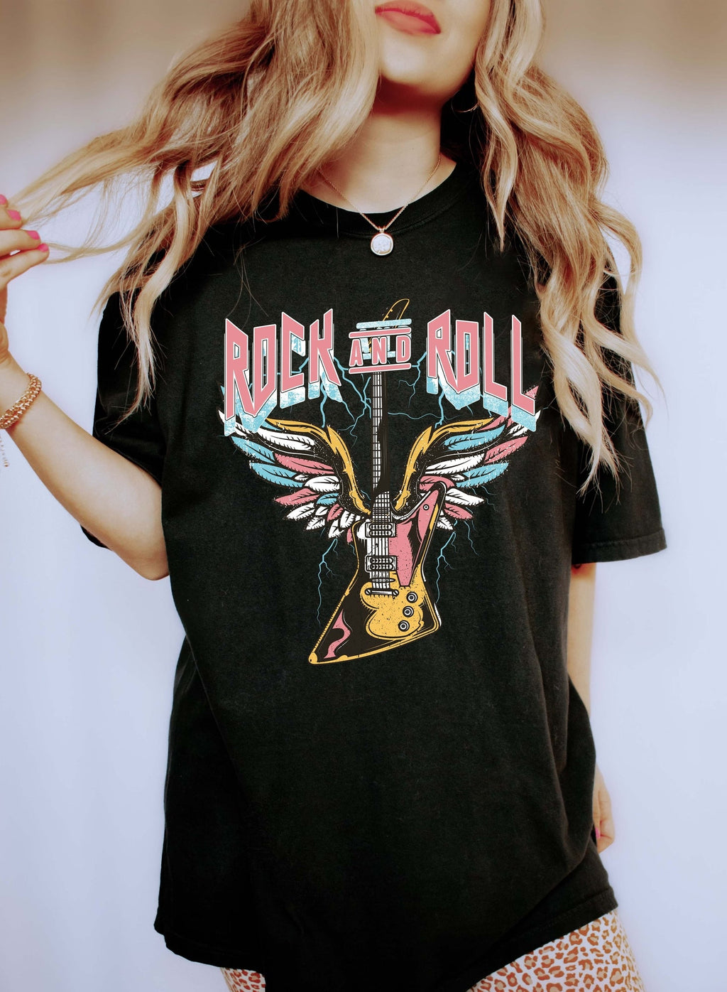 Rock And Roll Colorful Guitar Graphic Artwork Printed On Premium Comfort Colors Tee