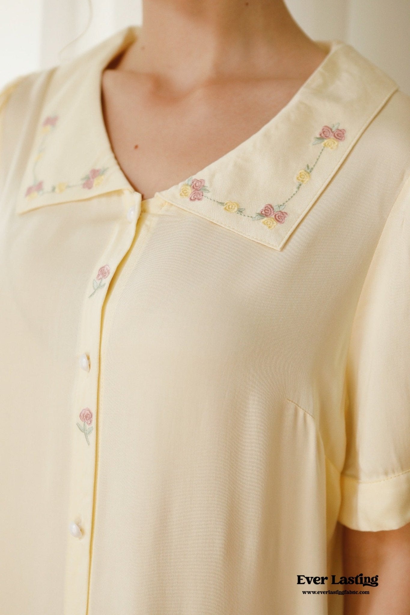 Silky Rose Cream Yellow Embroidered Pajama Set