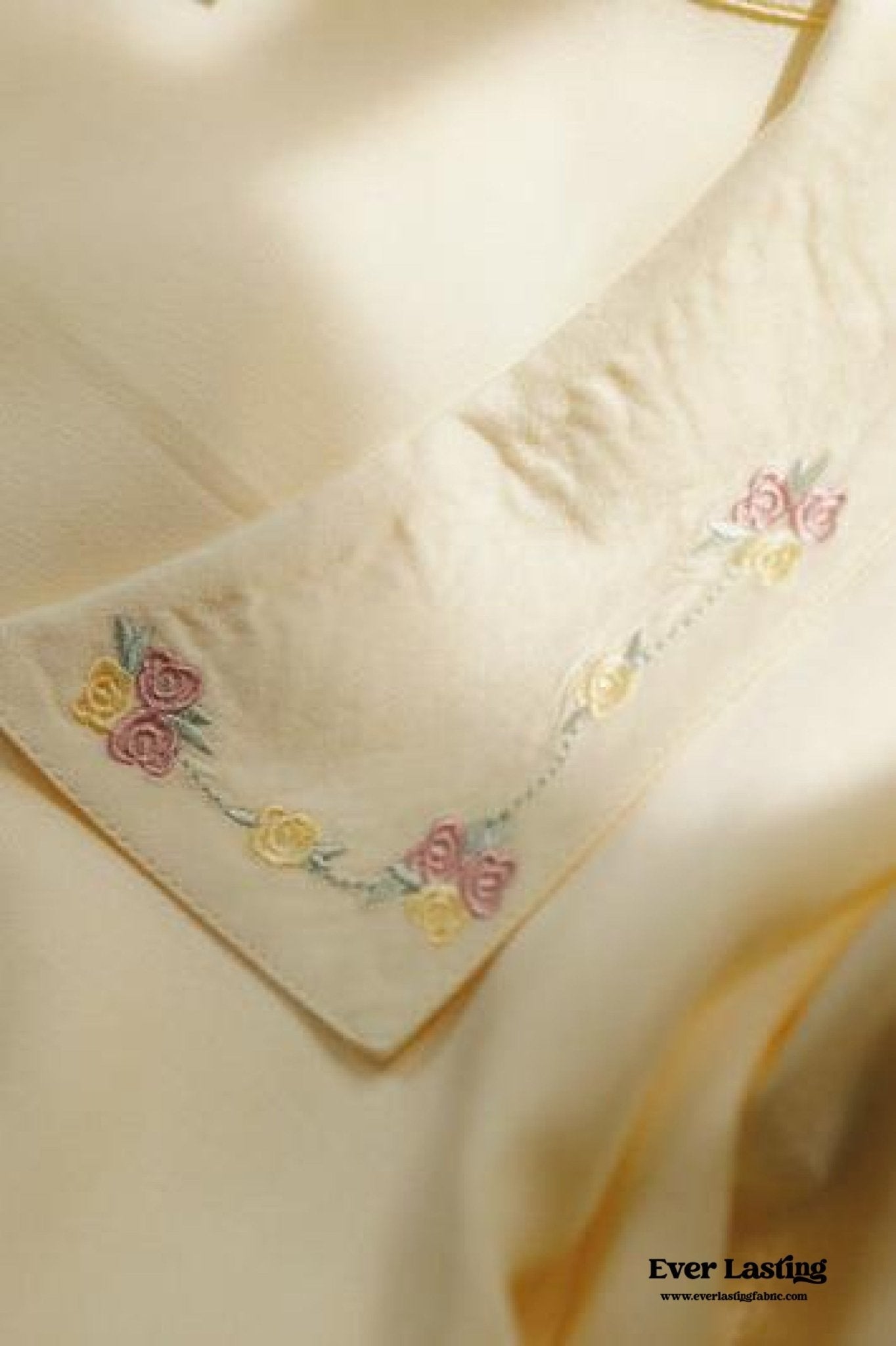 Silky Rose Cream Yellow Embroidered Pajama Set