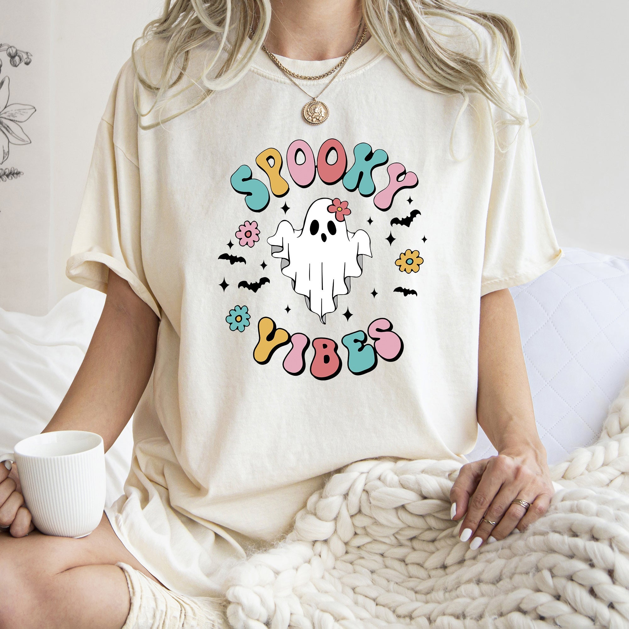 Spooky Vibes Ghost Retro Halloween Night Spirit Edition Deluxe Comfort Colors Tee