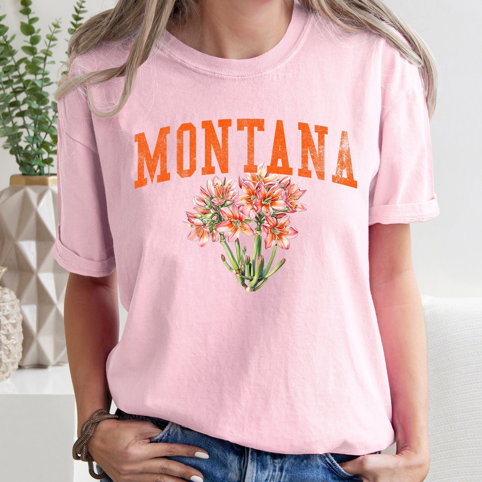 Montana State Flower Vintage Script Emblem Western State Pride Floral Motif Rustic Americana Comfort Colors Tee
