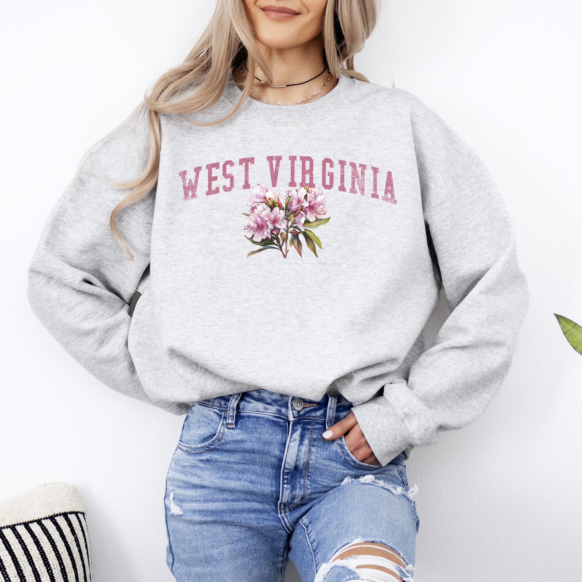 West Virginia State Flower Vintage Script Graphic Emblem Cozy Fleece Everyday Wear Sweatshirt