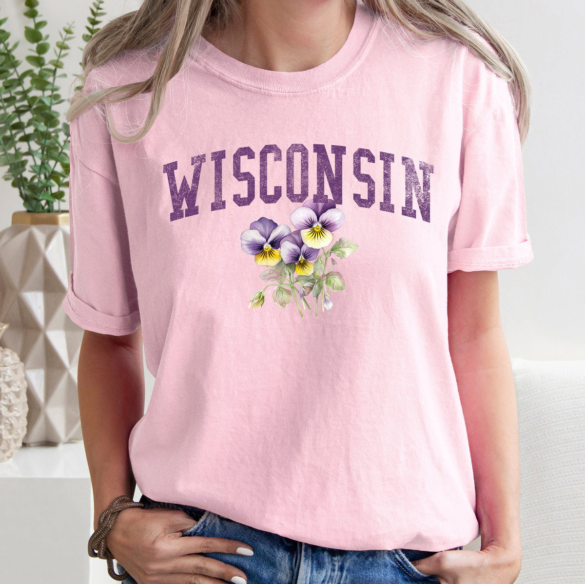 Wisconsin State Flower Vintage Script Emblem State Pride Edition Comfort Colors Tee