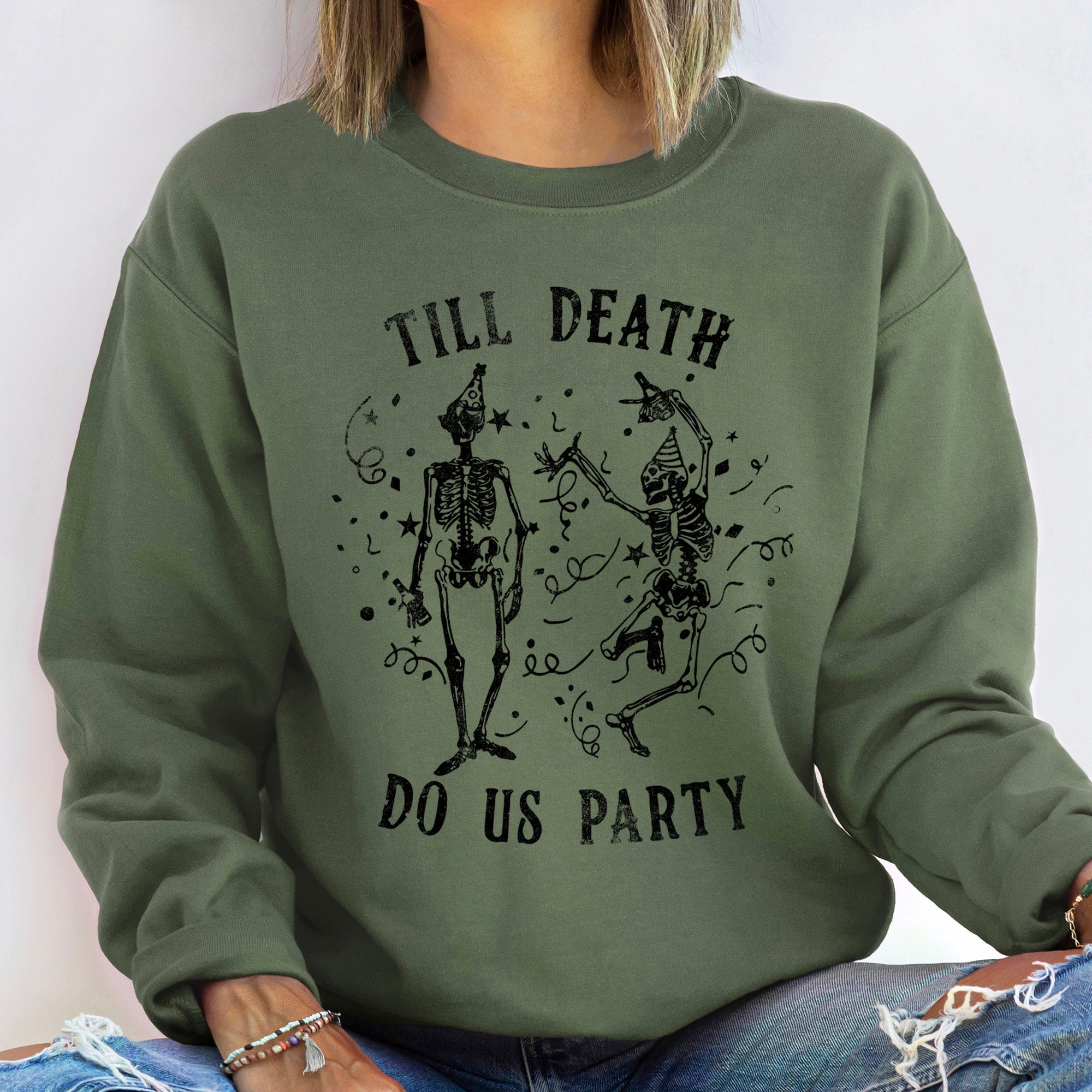 Till Death Vintage Halloween Graphic Artwork Featuring Moonlit Graveyard Silhouettes And Bats Sweatshirt