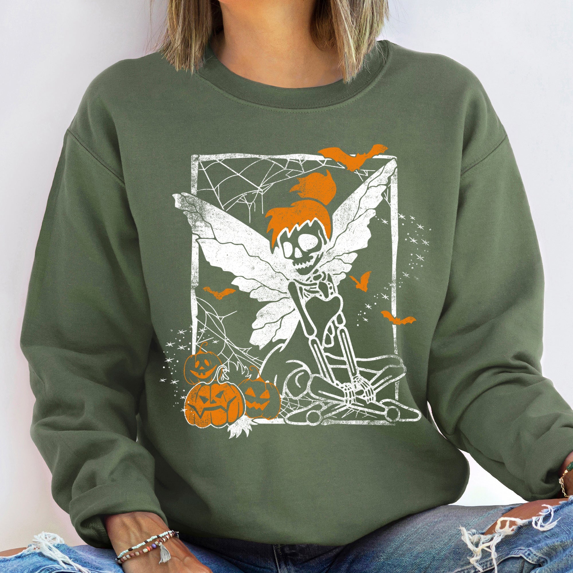 Tinkerbell Skeleton Vintage Halloween Gothic Whimsy Illustration Artwork Sweatshirt